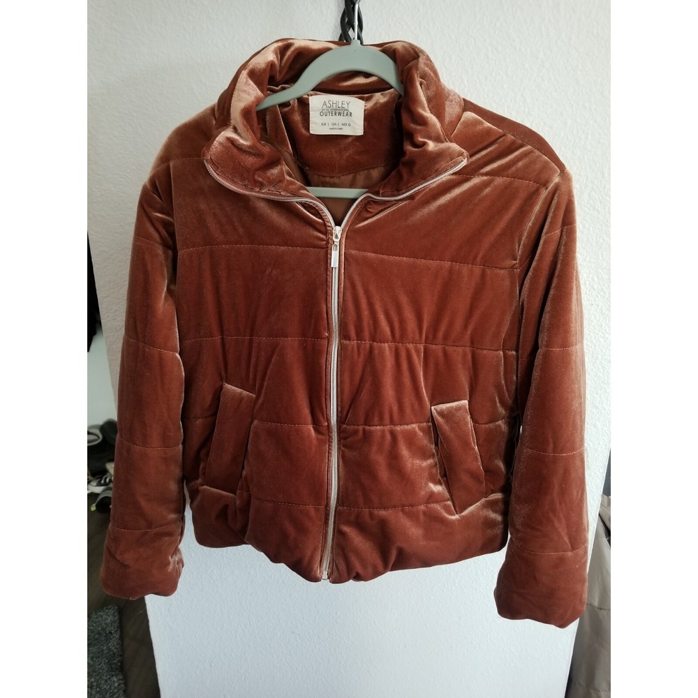 Ashley by 26 Intl Women's Brown Velvet Quilted Puffer Jacket Size L Zip Up